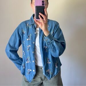Vintage Denim Button Down Embroidered Floral Shirt Womens Medium 100% Cotton